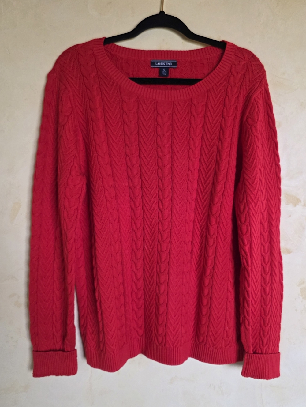 Lands' End Bright Red Cable Crewneck Sweater Womens Large